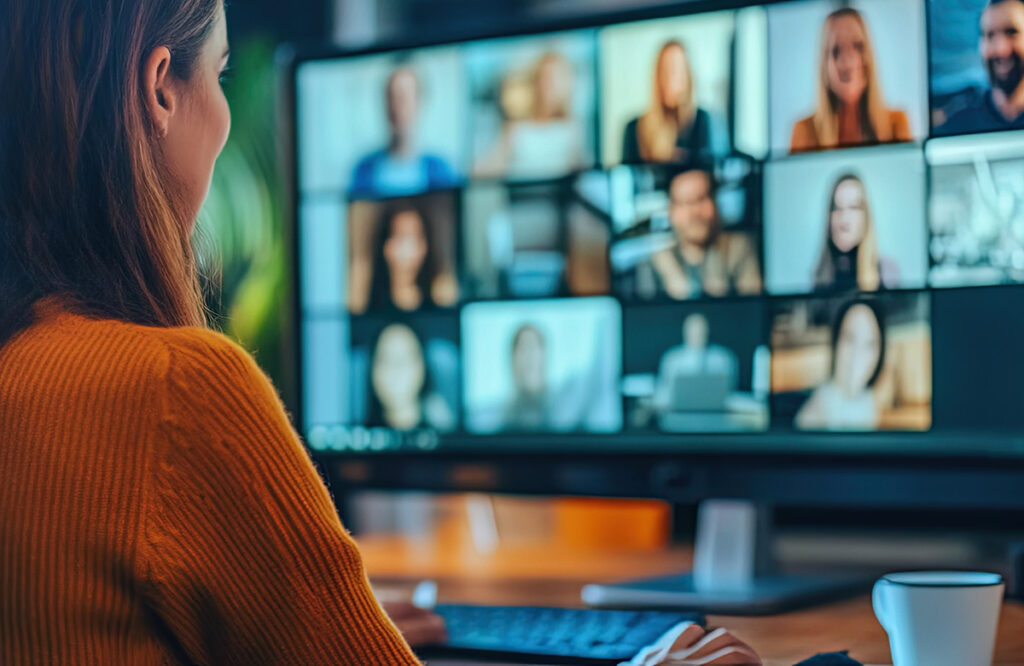 person at computer participating in an online meeting